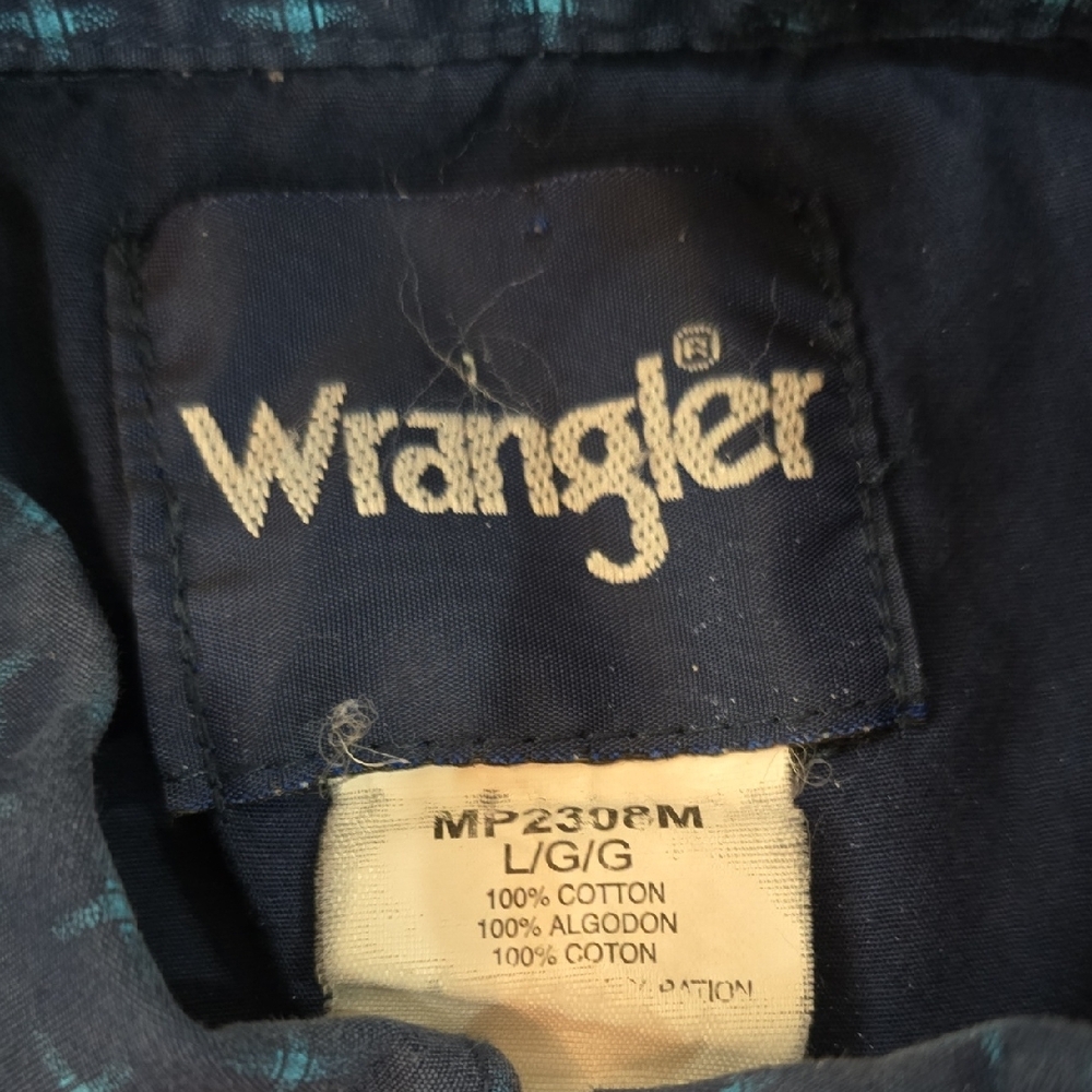 Wrangler Men’s Navy Button Down Shirt | Teal Logo Western‎ Shirt | Size L - Picture 2 of 6